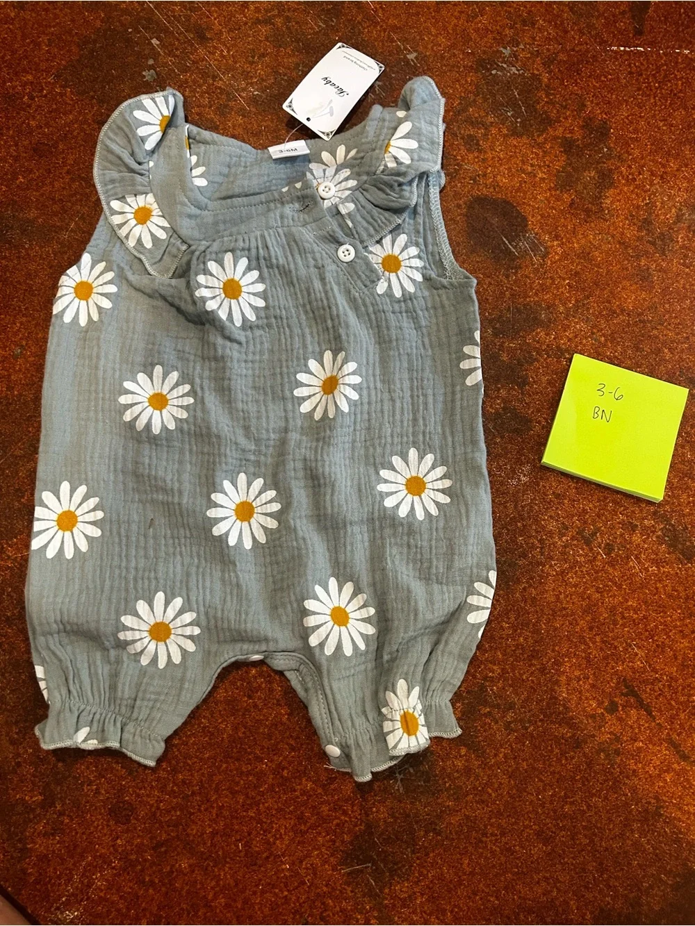 Baby Girl Daisy Cotton Romper - Greenish Gray with White Daisies